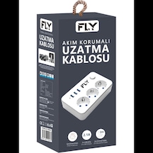 Fly 3406-01, 3 Soket, 3 Usb, Akım Korumalı Priz, 2.1a, Anahtarlı, 2mt Kablo, Beyaz