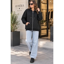 Aymiraa Kadın Siyah Taş Detaylı Kapüşonlu Sweatshirt Cepli Günlük Spor Üst 3 İplik Siyah Siyah