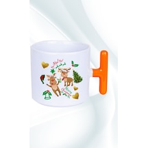 Yılbaşı Geyikli Kurabiye Baskılı T Saplı Kupa Bardak Porselen Çay Kahve Fincanı Turuncu