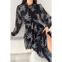 Dip Moda Kadın Yakası Bağlama Detaylı Desenli Şifon Elbise Dpnbk2036 Siyah