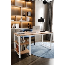 Reflekta 140 Cm Beyaz Raflı Çalışma Masası Iki Raflı Masa Metal Ayaklı Atlantik Çam - Beyaz