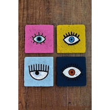 Doğal Taş Bardak Altlığı 4'lü Set - Renli Gözler Nazar - Stone Coasters Çok Renkli