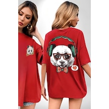 Kulaklıklı Hipster Portre Panda Kırmızı Oversize Unisex Ön Ve Sırt Baskılı Tişört Kırmızı