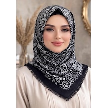 Sinem Emprime Koton Eşarp - Siyah / Gri-6292 SİYAH-BEYAZ