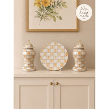 Dekoratif Obje, Hand Made El İşi Salon Seti Şah Kapaklı Tabak Damalı Kahverengi Gold