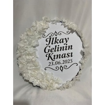 Gelin Tefi 30cm, İsim Ve Tarih Yazılı Yarım Ay Ve Kenar Süslemeli Tasarlanmış Kına Tefi Beyaz