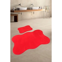 Anatolia 2'li Kırmızı 80x140 + 50x70 Cm Büyük Ebat Banyo Paspası Seti Kaymaz Tabanlı Klozet Takımı Kırmızı