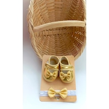 Kız Bebek Dore Altın Rengi Parlak Fiyonklu Patik Ve Bandana Set Altın