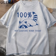 Flood Of Style 100% Bugün Evden Ayrılmıyor T Shirt Kısa Kollu Rakun Yorgun Yorgun T-shirt Anne Hayat Vintage Gri