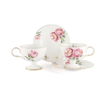 Redrose 2'li Porselen Çay Seti, Pembe Çiçek Desenli, Altın Kenarlıklı, 220cc, Fincan Ve Tabak 2 Kişilik Çok Renkli