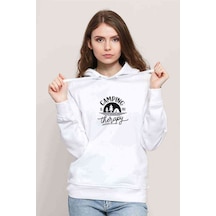 Camping Therapy Baskılı Beyaz Kadın Kapşonlu Sweatshirt