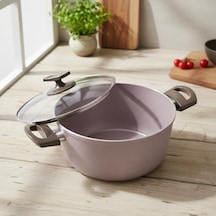 Buzz 22 Cm Derin Tencere - Shadow Krem Kırçıl Granit Efektli Yanmaz Yapışmaz Cam Kapaklı Çorba Ve Yemek Tenceresi 12v