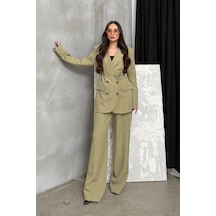 Msm Fashion Kadın İkili Blazer Ceket Pantolon Takım Aksesuar Ve Düğme Detaylı Bol Paça Açık Haki