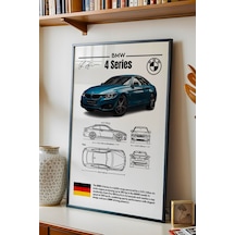 Bmw 4 Serisi Tablo - Teknik Özellikli Alman Spor Coupe Poster - Çerçeveli Duvar Dekoru - Blueprint Siyah