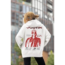 Sevbano Justin Bieber 194 Baskılı Unisex Oversize Tasarım Şarkıcı Hoodie Beyaz