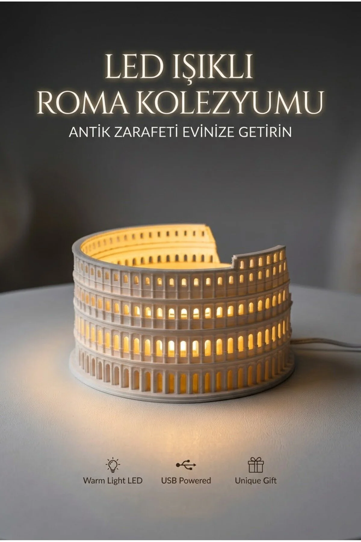 Led Işıklı Roma Kolezyum Gece Lambası Antik Tasarım Usb Bağlantılı Dekoratif Masa Lambası Açık Beyaz