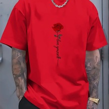 Guılan Erkek Yazlık %100 Pamuk Spor Tişört - Kırmızı Gül Desenli, Rahat Ve Gevşek Fit Kirmizi