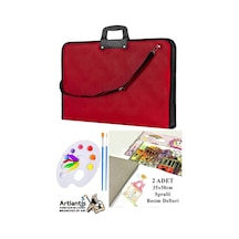 Resim Çantası 35x50 Cm Resim Defteri Palet Fırça Seti 1 Paket Kırmızı Resim Proje Çantası Fermuarlı Kulplu 37x54 Cm