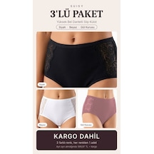 Suısy Yüksek Bel Dantelli Slip Külot 3'lü Paket Siyah - Beyaz - Gül Kurusu Çok Renkli
