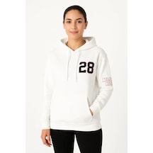Üç İplik Kapüşonlu Ön Ve Arka Baskılı Sweatshirt Hoodie - Beyaz