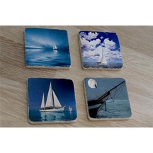 Deniz Ve Yelkenliler Doğal Taş Bardak Altlığı 4'lü Set - Natural Stone Coasters-174144 Çok Renkli