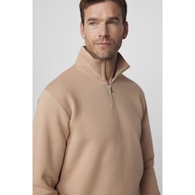 Tudors Pamuklu Dik Yaka Fermuarlı Taş Unisex Sweatshirt-29415-taş Taş