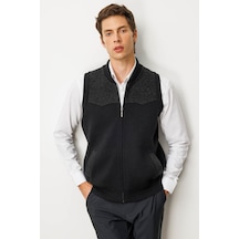 Erkek Hakim Yaka Göğsü Ve Cebi Keçe Yün Yelek Siyah Siyah