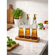 Ahşap Standlı 3 Lü Cam Yağdanlık Seti 250 Ml Zeytinyağı Sirkelik Limonluk Balsamic Şişe Şeffaf
