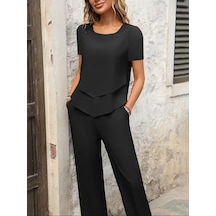 Efnaz Style Kadın Kısa Kollu Kayık Yaka Önü Asimetrik Detaylı Kısa Sandy Bluz Ve Pantolon Ikili Takım Siyah