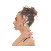 Kadın Gümüş Renk Lak Kaplama Zirkon Taşlı Dokulu Yaprak Stilizesi Sol Kulak Earcuff&kıkırdak Küpe Çok Renkli