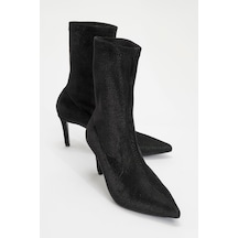 Luvishoes Luvi Shoes Thalin Siyah Kadife Sivri Burun Kadın İnce Topuklu Bot Siyah