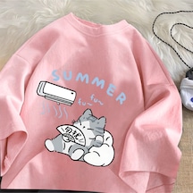 Flood Of Style Yaz Kedi T Shirt Erkekler Kadınlar İçin Amerikan Sokak Yaratıcı Komik Klima Kedi T-shirt Pamu Pembe