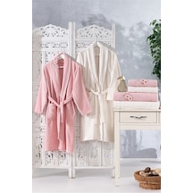 Family Nakışlı Pembe & Krem Aile Bornoz Seti 6 Parça Çeyizlik Kad