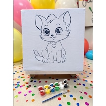 Çocuklar İçin Tuval Boyama Seti Sevimli Kedi 20x20 Cm Tuval, Şövale, Fırça Ve 6 Renk Akrilik Boya Seti