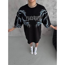 Kadın Bisiklet Yaka Baskılı Kısa Kol Oversize T-shirt - Siyah Siyah