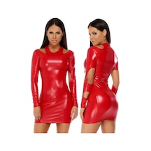 Fantezi Seksi Uzun Kollu Deri Görünümlü Mini Elbise Hf101201 Kırmızı
