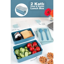2 Katlı Kilitli Beslenme Kabı - Kendinden Çatal Kaşıklı Lunch Box Beslenme Kutusu Saklama Kabı Mavi