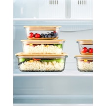 Qerhome Bambu Kapaklı 3'lü Diktörtgen Vakumlu Kase Cam Saklama Kabı 640-1000-1500 Ml Şeffaf