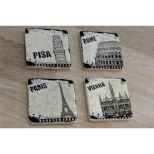 Siyah Beyaz Pisa Kulesi Roma Paris Venedik Doğal Taş Bardak Altlığı 4'lü Set - Natural Stone Coasters - Taş Beyaz - Siyah