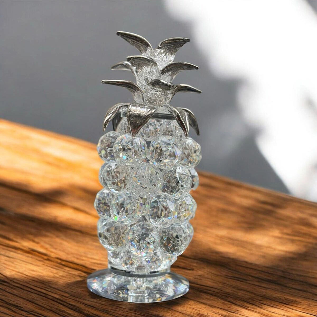 Dekoratif Kristal Cam Tekli Ananas Orta Boy Şeffaf Gümüş