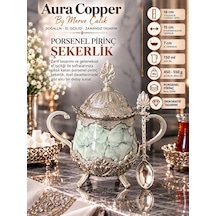 Aura Copper Porselen Pirinç Şekerlik 150 Ml Kapaklı Kaşıklı Kulplu Ayaklı Lokumluk Yeşil-gümüş