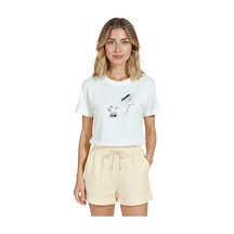 Kadın Beyaz Relaxed Fit %100 Pamuk Tişört Çizgisel Dansçı & Boo Beyaz
