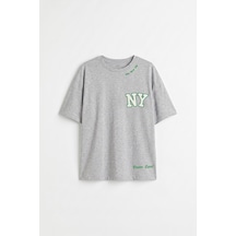 Gri Melanj Oversize Kısa Kollu Baskılı Kız Çocuk T-shirt - 75174