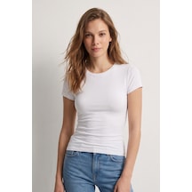 Elemge %95pamuk %5likra Vücuda Oturan Magic Fit Beyaz Kadın Stretch T-shirt Compact Penye Kısa Kol Esnek Basic Tişört Elastan