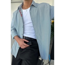 Yeşil İnce Çizgili Yaka Nakış Detay Oversize Gömlek Yeşil