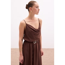Sateen Degaje Yaka Dökümlü Bluz - Kahve-136055 Kahve