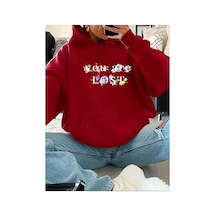 Herkesemoda You Are Lost Yazı Detaylı Kapüşonlu Sweatshirt Kırmızı