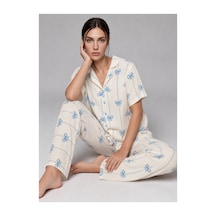 Fit Women Kadın Kısa Kol Fiyonk Desenli Mavi Pijama Takımı 4771