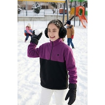Lela Yumuşak Dokulu Yarım Fermuarlı Renk Bloklu Dik Yaka Unisex Çocuk Polar 5905004 Mor-Siyah