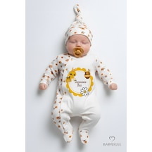 Babyden's Teyzesinin Balı Yazılı Yenidoğan Bebek Tulumu Şapka Seti Arı Desenli %100 Pamuk Çıtçıtlı Bebek Tulum Ekru